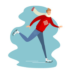smiling boy in red pullover and blue jeans and white scarf is ice skating on the ice rink. winter sport. Vector illustration.