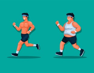 fat and muscle man running, jogging exercise for healthy lifestyle illustration vector