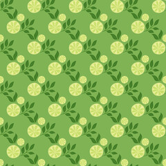 Bright green colors diagonal lemon slices print seamless pattern. Summer food fruit elements. Nature print.