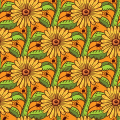 Botanic sunflower elements seamless pattern in hand drawn botany style. Orange background. Green leaves.