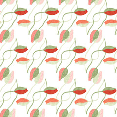 Isolated floral seamless pattern with red and pink simple botany poppy buds shapes. Flowers abstract backdrop.