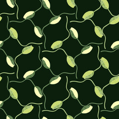 Geometric style nature seamless pattern with floral poppy bud shapes. Dark green background. Blossom print.