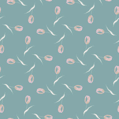 Pastel tones seamless pattern with light pink little tulip flowers ornament. Blue background. Simple style.