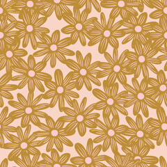 Bloom seamless pattern with little random beige daisy flowers ornament. Pink light background.