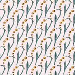 Decorative seamless pattern with simple lily of the valley print. Light background. Bloom nature backdrop.
