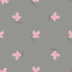 Minimalistic style seamless pattern with pink little chrysathemum flowers shapes. Grey background.