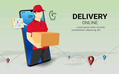 Delivery courier man holding Parcel Box on smartphone. Fast online delivery service. Online order. Internet e-commerce. concept for website or banner. 3D Perspective Vector illustration