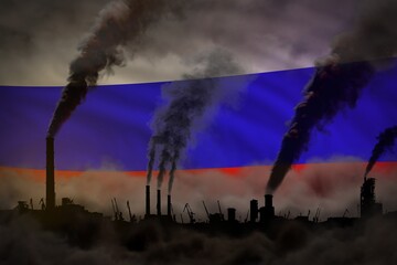 Dark pollution, fight against climate change concept - industrial 3D illustration of plant pipes heavy smoke on Russia flag background
