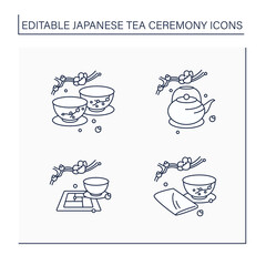 Japanese tea ceremony line icons set. Japanese tea cups, teapot, tatami mat, chakin. Japan ancient tradition. Tea ceremony concept.Isolated vector illustrations.Editable stroke