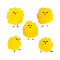 Chicken set watercolor hand drawing, baby chicken, yellow paint spot, easter design element, isolated, white background. Vector illustration