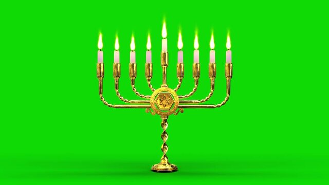 golden hanukkiah lamp with glowing candles, fictive isolated
