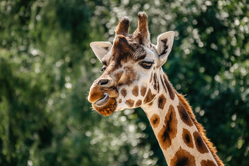 Rothschild giraffe in ZOO.Giraffe in front of green trees looking in to camera. Funny giraffe face. Front view of giraffe against green blurred foliage. Wild animal portrait space for text