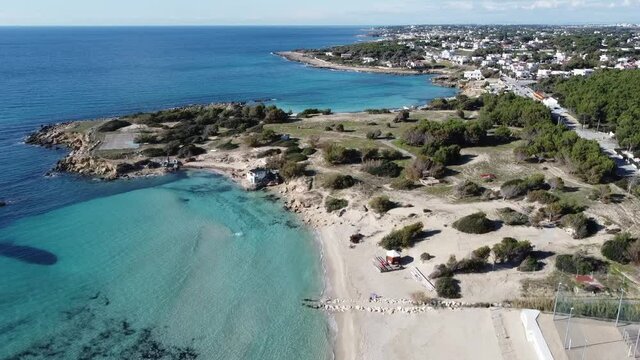 Panoramic view taken by Drone of the Coast in Marina di Pulsano, near Taranto, South of Italy, in a Sunny Day
