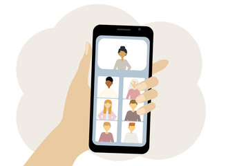 Illustration of a mobile phone in hand depicting an online meeting.