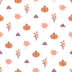 Fall Geometric Pumpkins, Leaves, Mushrooms, and Berries Seamless Pattern Background