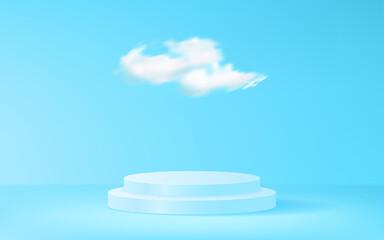 Clouds with product stage display on blue background vector design
