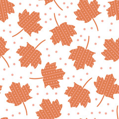 Orange Tossed Autumn Maple Leaves and Polka Dots Seamless Pattern Background
