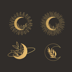 Hand Drawn Gold Moon Logo with Flowers, Herbs, and Sunburst. Magic Moon Logo Collection	