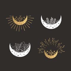 Hand Drawn Gold Moon Logo with Flowers, Herbs, and Sunburst. Magic Moon Logo Collection	
