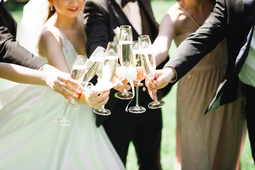 Party with friends. Group of cheerful young people carrying sparklers and champagne flutes