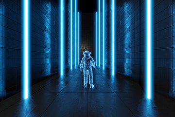 3D illustration of astronaut in frozen dark alien environment