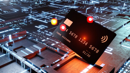 Three dimensional render of credit card floating against electronic background