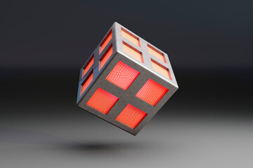 Three dimensional render of cube shaped network node floating against black background