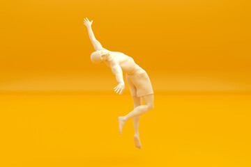 Three dimensional render of man jumping against yellow background