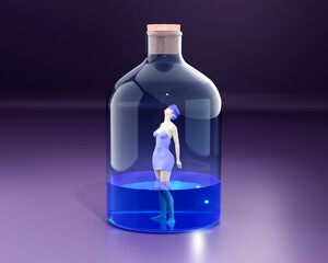 Three dimensional render of woman trapped in large bottle