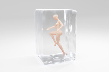 3D illustration of naked woman in ice cube