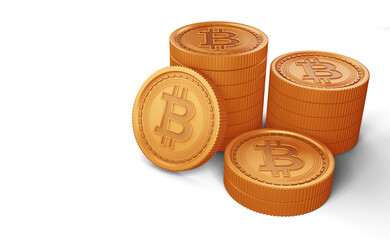 Golden coins with cryptocurrency bitcoin symbol, 3d rendering.