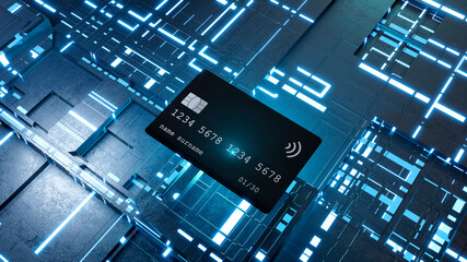 Three dimensional render of credit card floating against electronic background