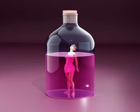 Three dimensional render of woman trapped in large bottle