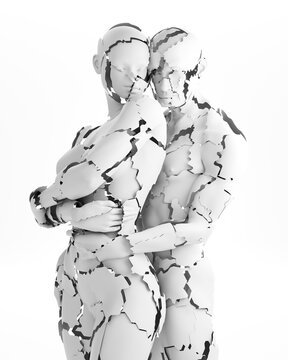 Shattered mannequins of couple against white background