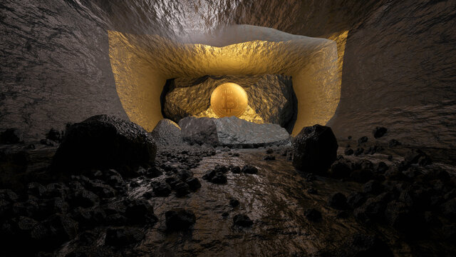 Three dimensional render of Bitcoin sphere glowing inside cave symbolizing cryptocurrency mining