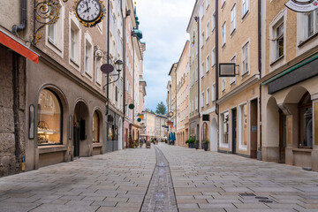 Austria, Salzburg State, Salzburg, Shops along historic Getreidegasse street