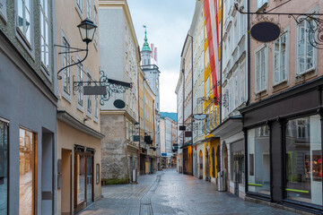 Austria, Salzburg State, Salzburg, Shops along historic Getreidegasse street