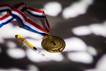 Champion's gold medal and syringe with doping substance with lights and shadows coming through the window. Sport and doping concept - obrazy, fototapety, plakaty