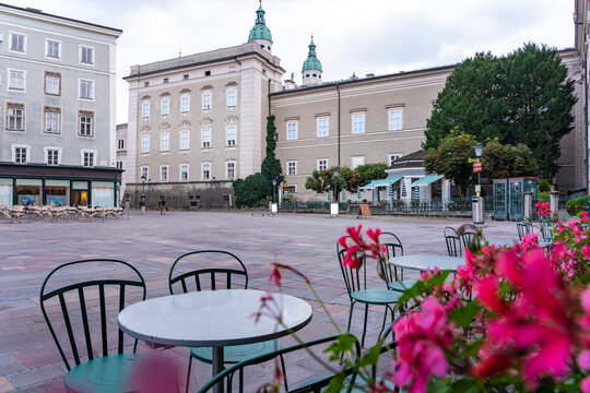 Austria, Salzburg State, Salzburg, Empty tables at Alter Markt