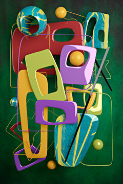 Three dimensional render of abstract shapes arranged against green backdrop