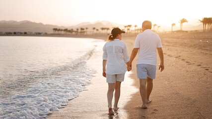Happy mature senior couple walking and looking at each other on beach during sunset. Aging together...