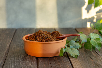 Chopped chaga for brewing tea. Organic drink, antioxidant