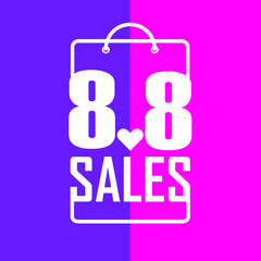 A vector and abstract picture of 8.8 sales in paper bag shape on purple and pink background. Single digit day sales with better offer to give
