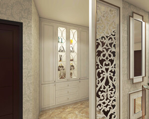 Wardrobe cabinet design and wall panel partition in classic ornament style for interior walk in closet 