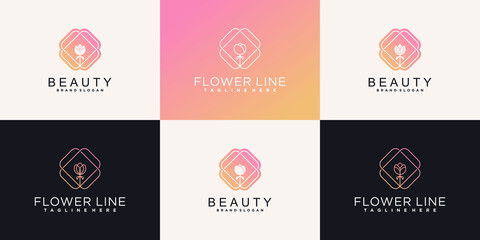 Creative flower logo design template with unique line art colour style for beauty salon Premium Vector