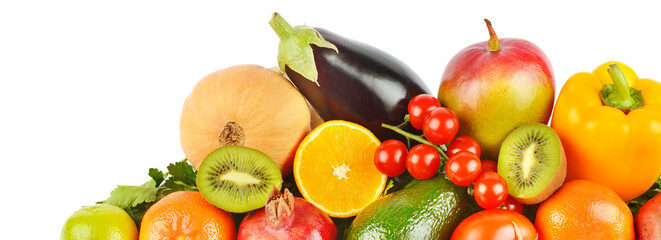 Vegetables and fruits isolated on a white . Free space for text. Wide photo.