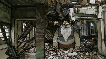 cartoon harsh sad guy in the ruins of a vintage house