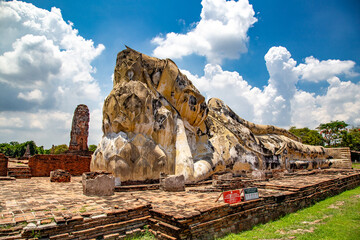 Reclining Buddha in Wat Lokayasutharam temple in Phra Nakhon Si Ayutthaya, Historic City in Thailand