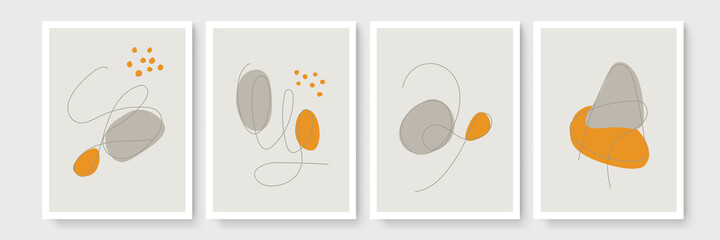 Luxury minimal wall art vector set. Earth tones landscapes backgrounds set with line and blob. Abstract continuous line art design for print, cover, wallpaper, Minimal and natural wall art.