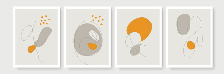 Luxury minimal wall art vector set. Earth tones landscapes backgrounds set with line and blob. Abstract continuous line art design for print, cover, wallpaper, Minimal and natural wall art.